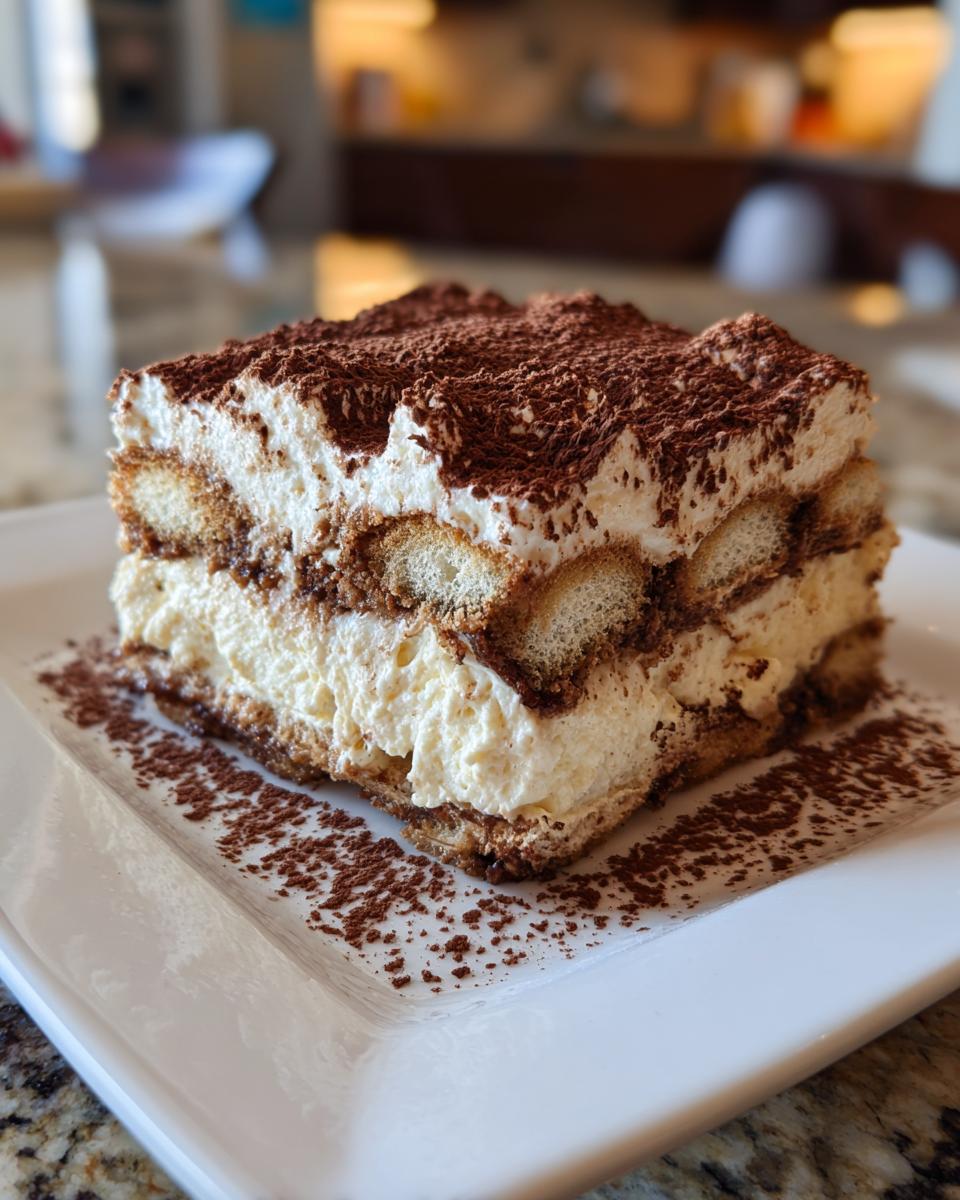 A decadent square slice of tiramisu cheesecake layered with ladyfingers and cream, dusted heavily with cocoa powder.