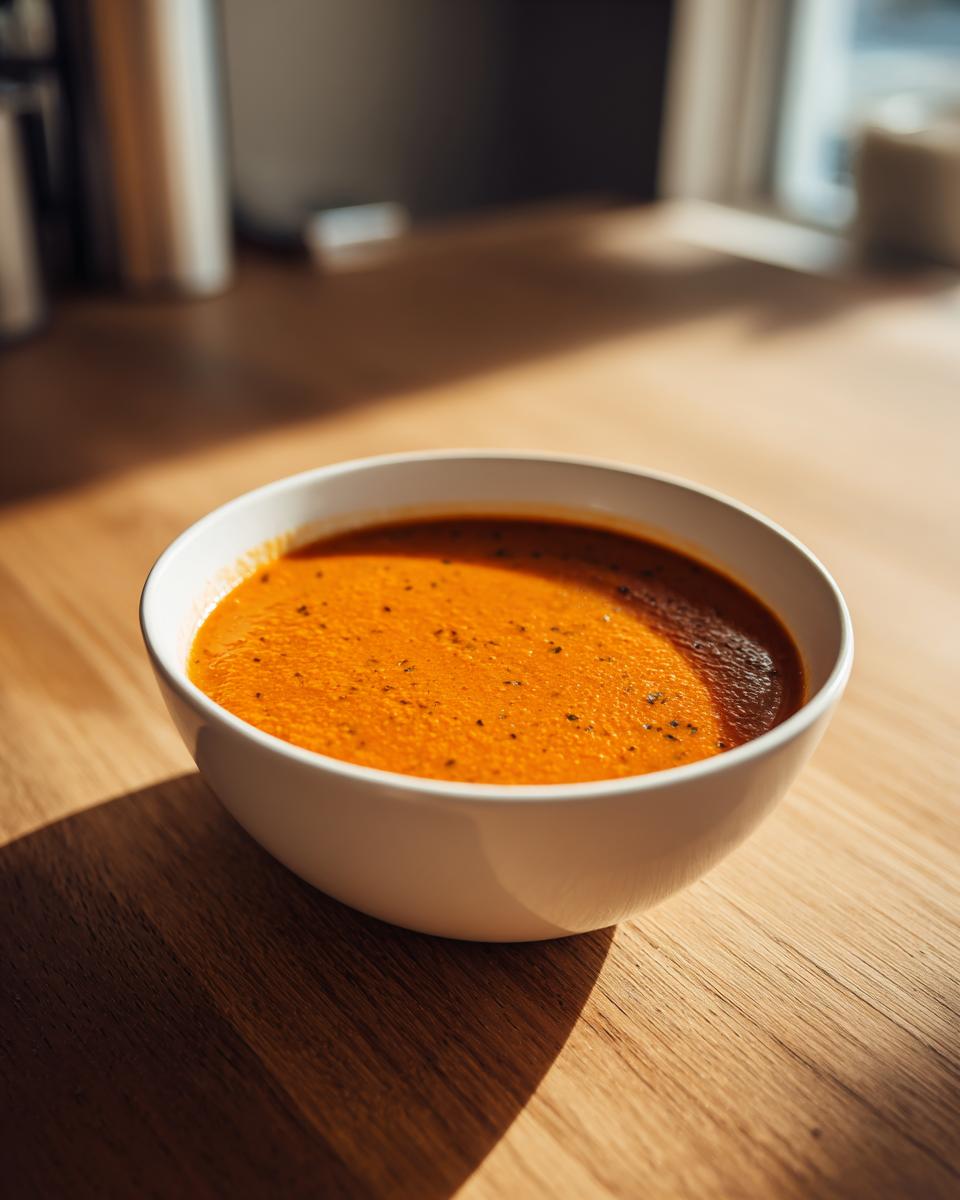A close-up of a white bowl filled with creamy, orange tomato bisque, sitting on a sunlit wooden table.