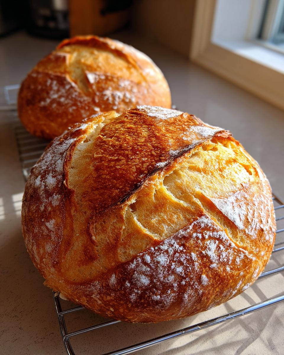Two perfectly baked, round loaves of french bread with a dark golden crust and dusting of flour cooling on a wire rack.