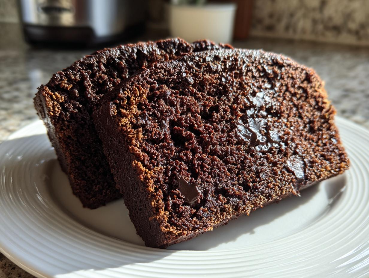 Two thick slices of moist, dark chocolate bread resting on a white plate, showing rich texture.