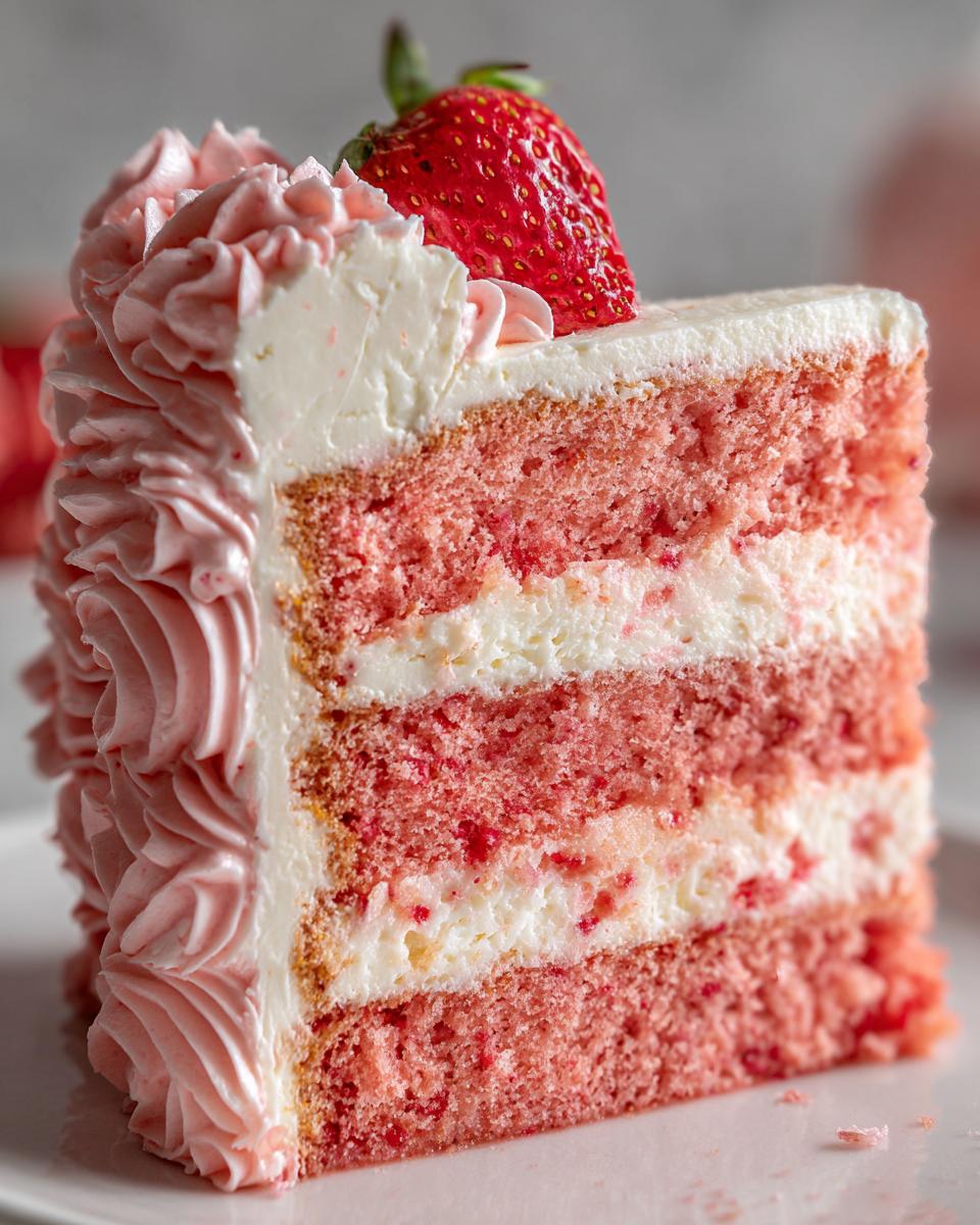 Close-up of a moist slice of layered strawberry cake with white frosting and pink rosettes, topped with a fresh strawberry.