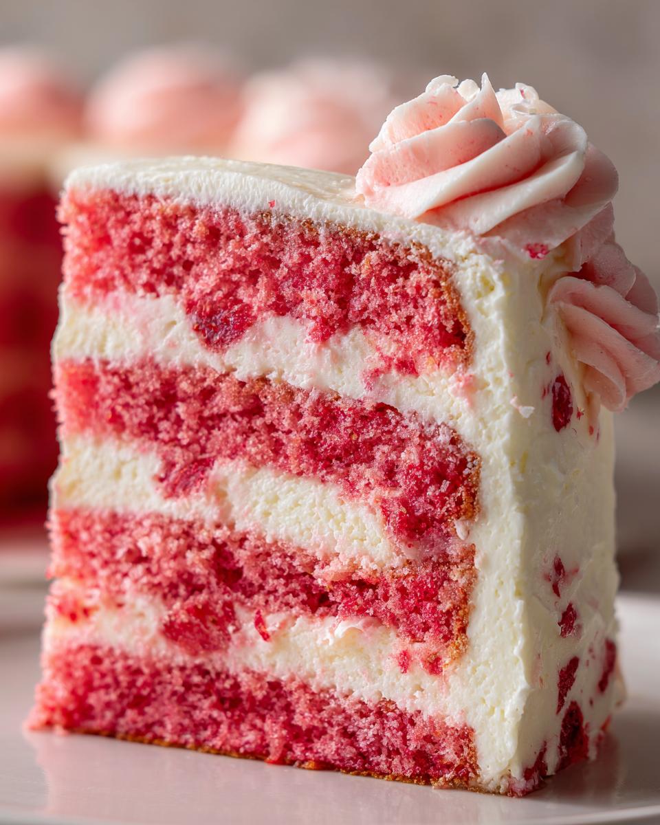 Close-up of a moist slice of strawberry cake with layers of pink cake and white frosting, topped with pink piped frosting roses.
