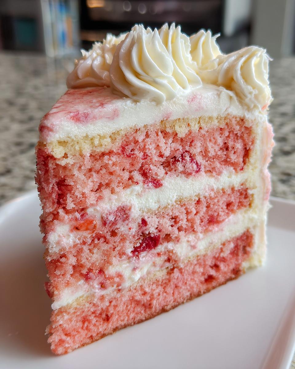 Close-up of a moist slice of strawberry cake showing three pink layers filled with cream and topped with piped white frosting.
