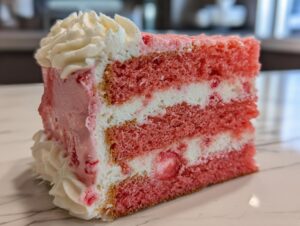 Close-up of a moist slice of ultimate strawberry cake showing three pink layers alternating with white cream filling and topped with whipped cream.