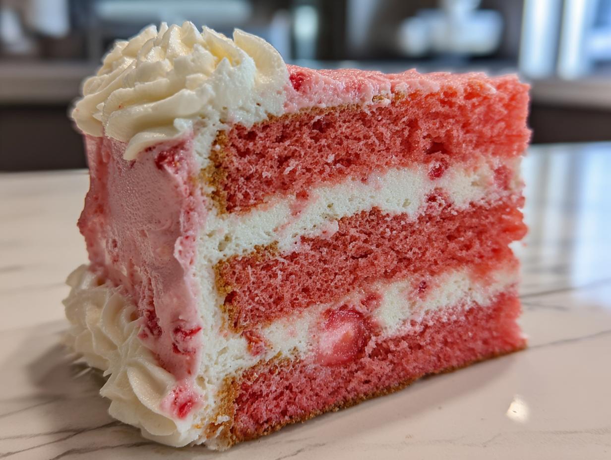 Close-up of a moist slice of ultimate strawberry cake showing three pink layers alternating with white cream filling and topped with whipped cream.