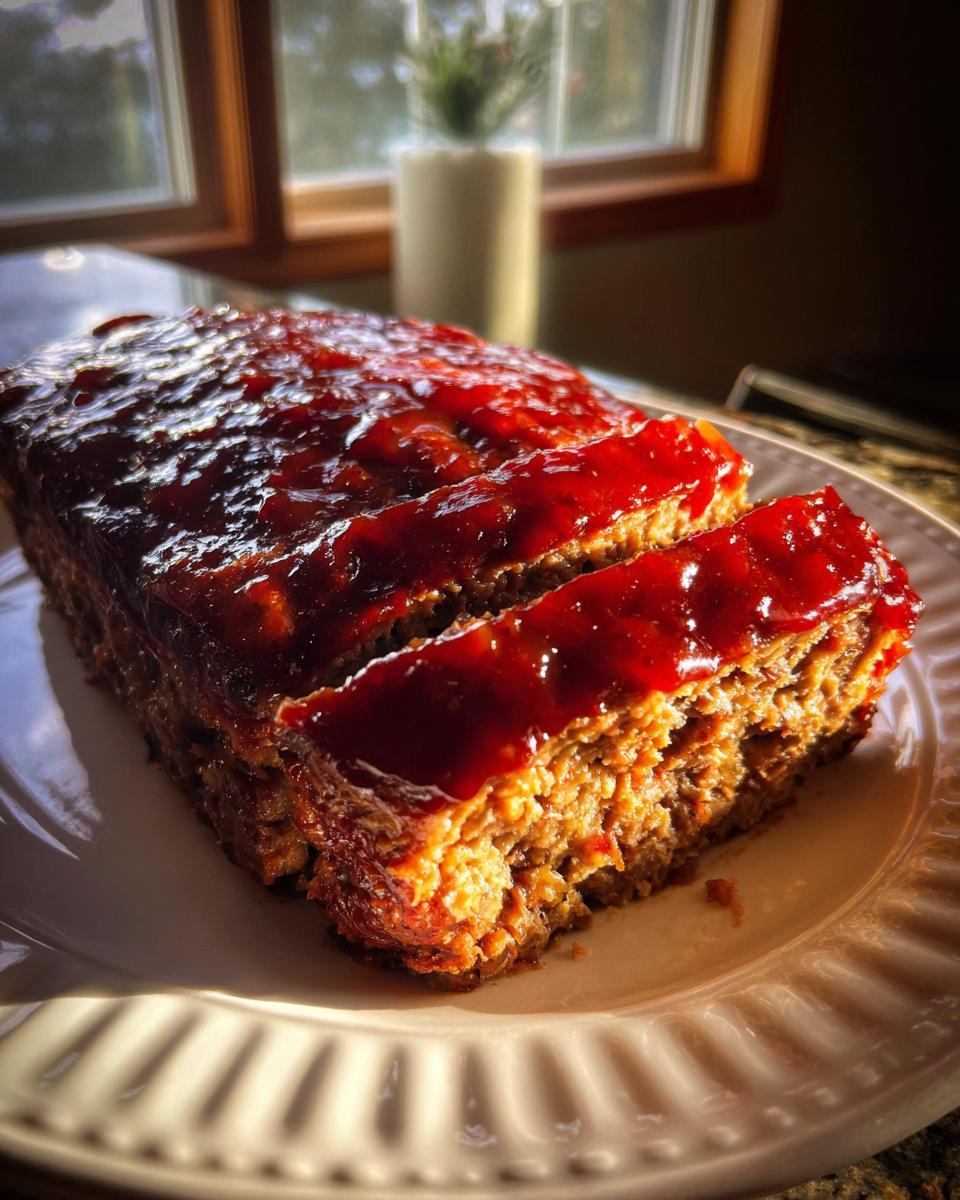 Close-up of a freshly baked, ultra-juicy meatloaf, sliced and covered in a thick, glossy red glaze.