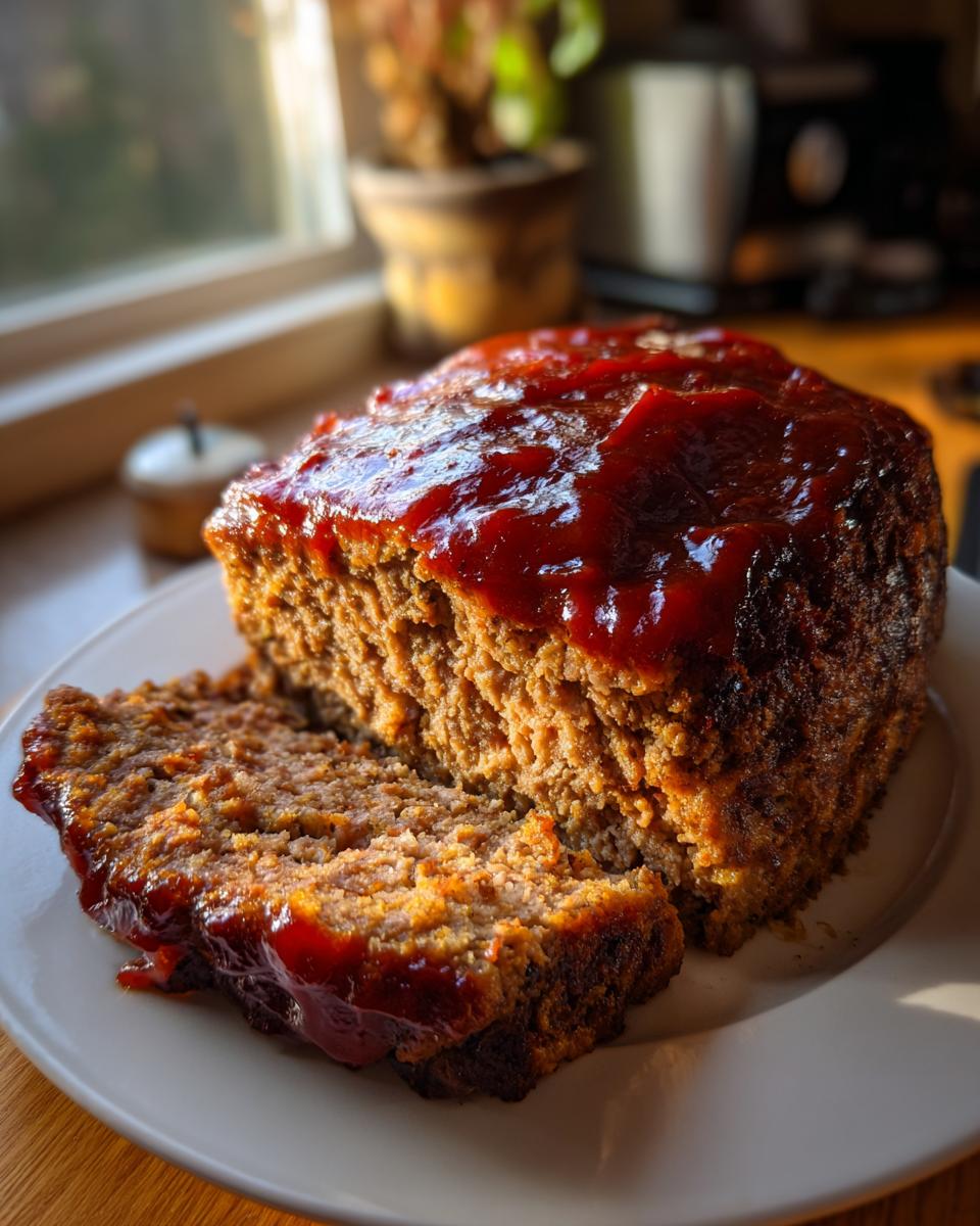 A freshly baked, ultra-juicy meatloaf, partially sliced, covered in a thick, glossy red glaze.