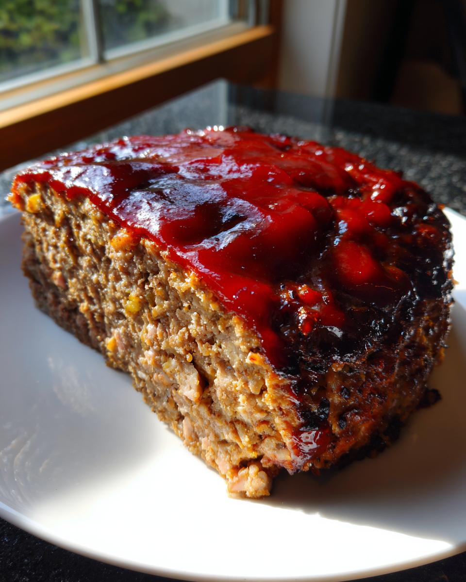 A thick slice of ultra-juicy meatloaf topped with a glistening red glaze, served on a white plate.