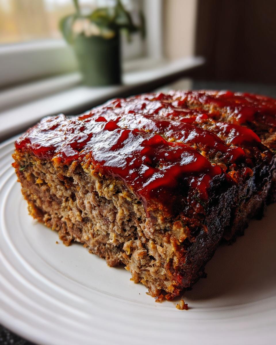 Close-up of a thick slice of ultra-juicy meatloaf topped with a glossy, thick red glaze, served on a white plate.