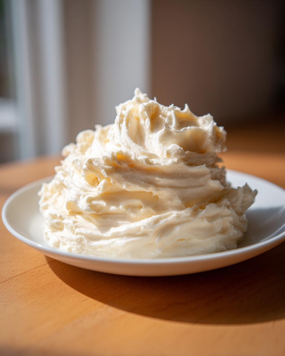A generous mound of fluffy, pale yellow vanilla buttercream frosting swirled high on a small white plate.