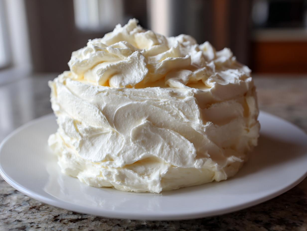 A generous mound of fluffy, white vanilla buttercream frosting piped onto a small white plate.
