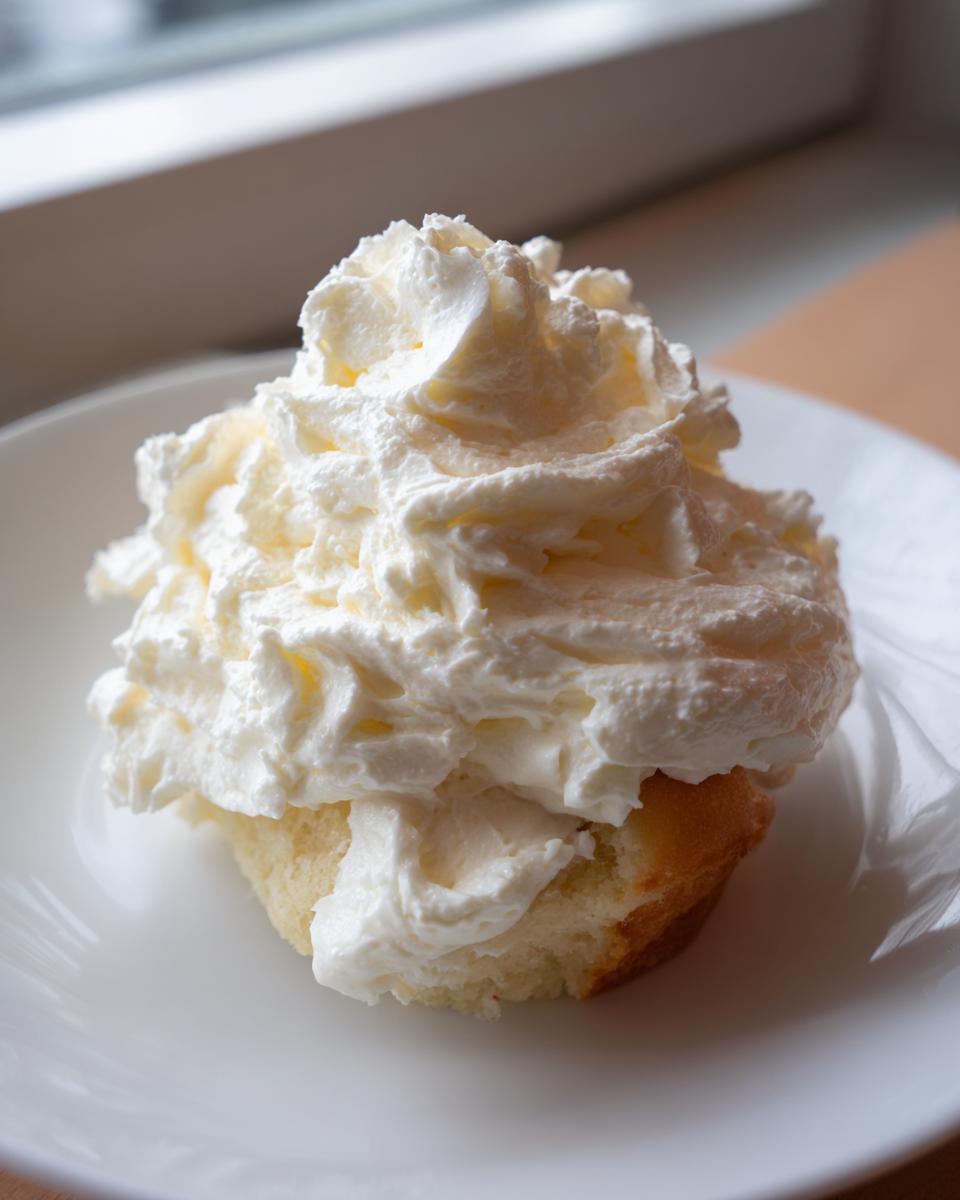 A generous swirl of fluffy vanilla buttercream frosting piled high on a small piece of cake or cupcake.