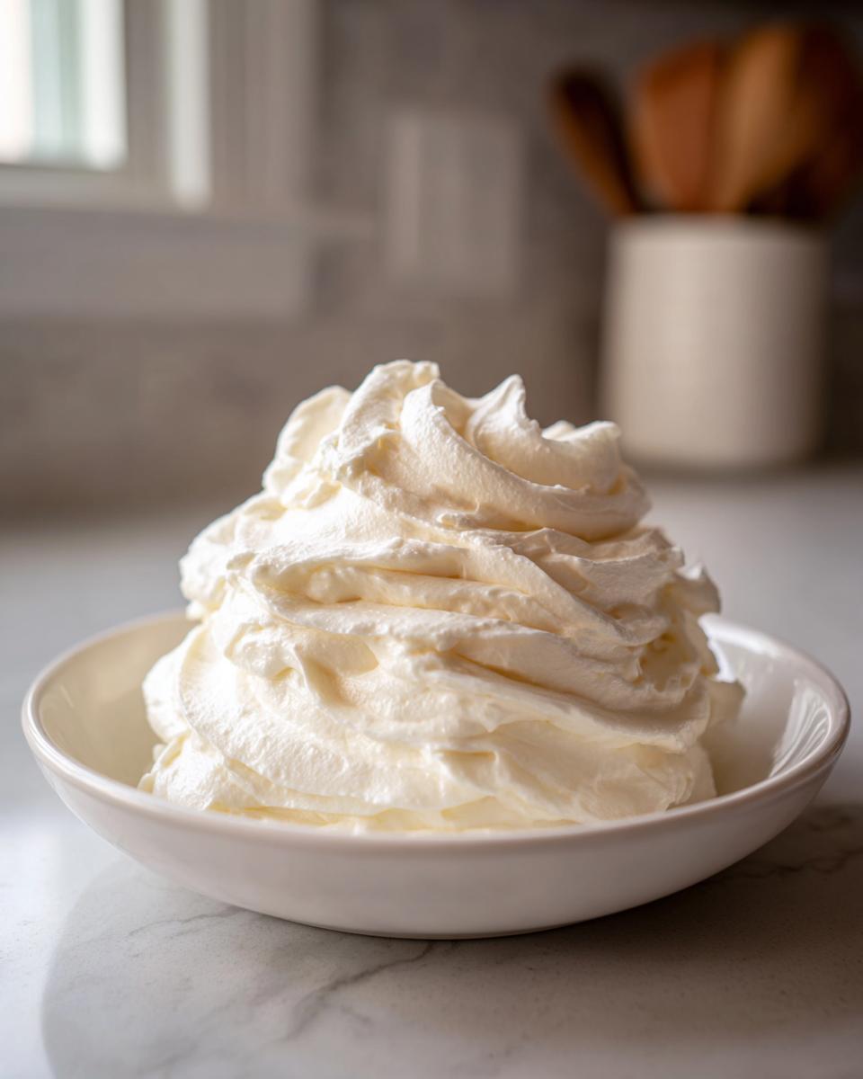 A generous swirl of light and fluffy vanilla buttercream frosting piled high in a small white bowl.