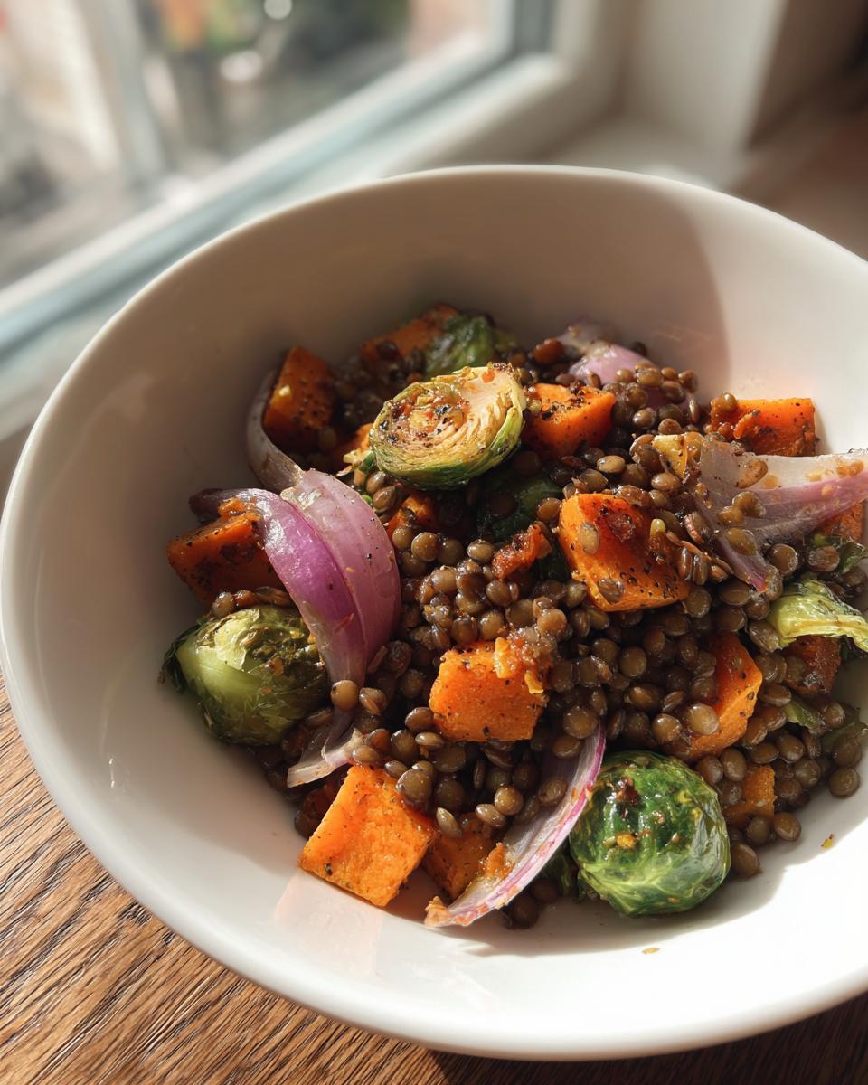 Close-up of a bowl containing a veggie lentil salad with roasted sweet potatoes, Brussels sprouts, and red onion slices.