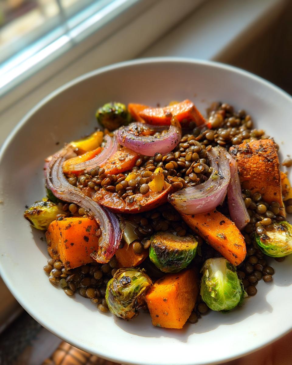 Close-up of a bowl of veggie lentil salad topped with roasted sweet potato, Brussels sprouts, and red onion wedges.