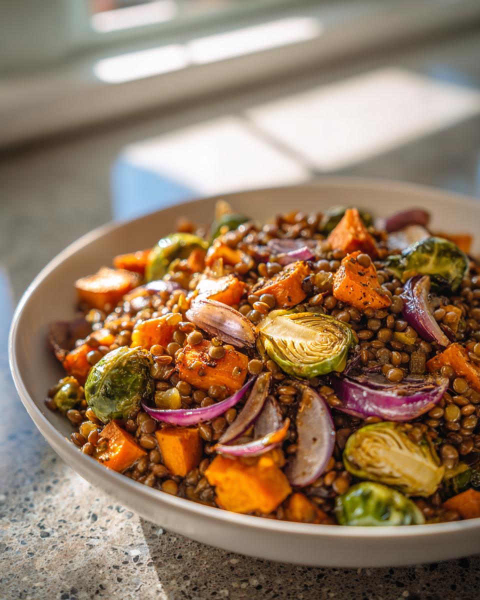 Close-up of a bowl filled with warm veggie lentil salad featuring lentils, roasted sweet potatoes, Brussels sprouts, and red onion.
