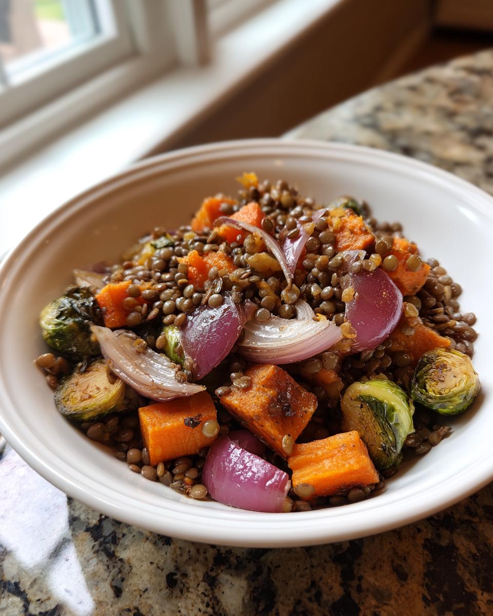 Close-up of a warm veggie lentil salad featuring lentils, roasted sweet potatoes, Brussels sprouts, and red onion wedges.