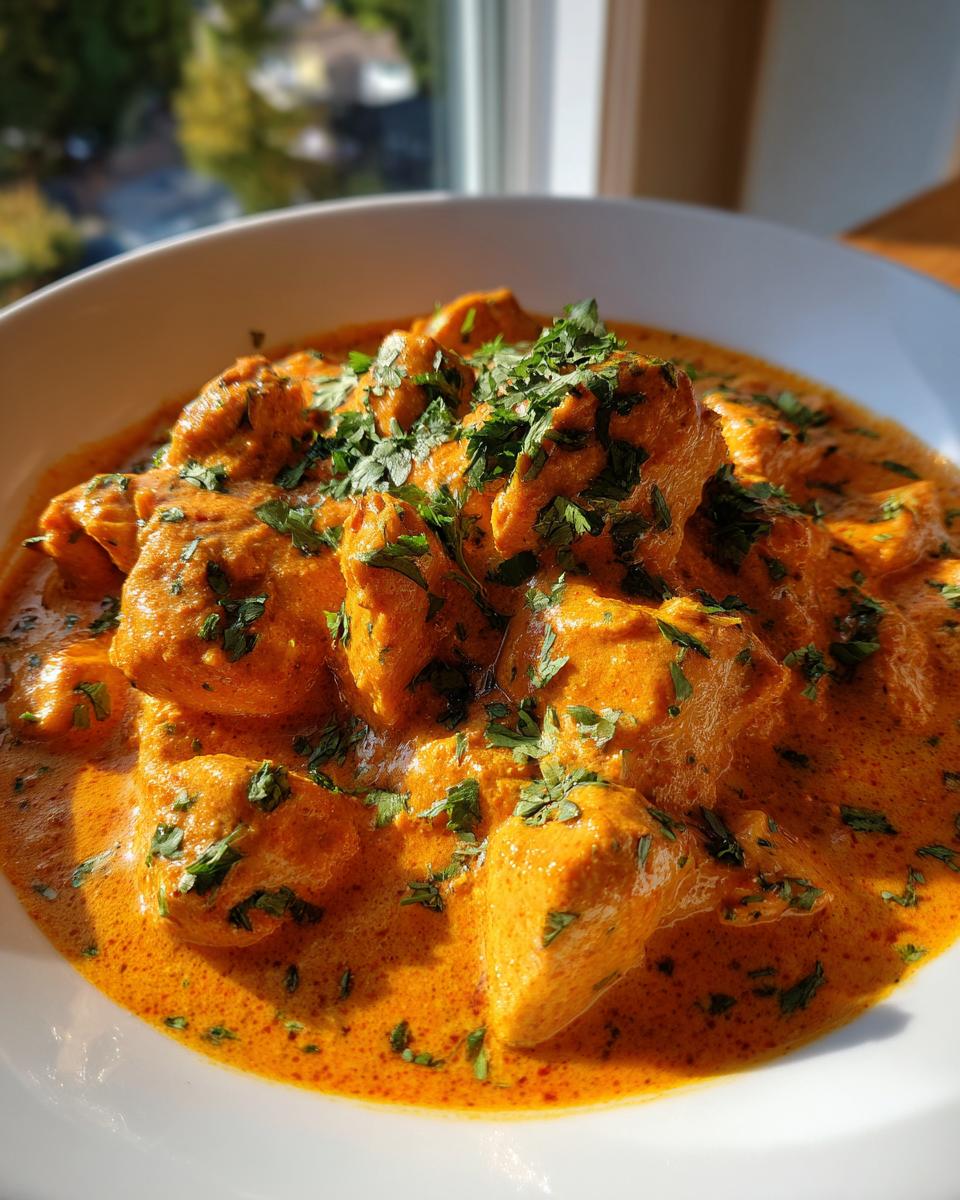 A close-up, vibrant image of rich, creamy butter chicken garnished with fresh cilantro in a white bowl.