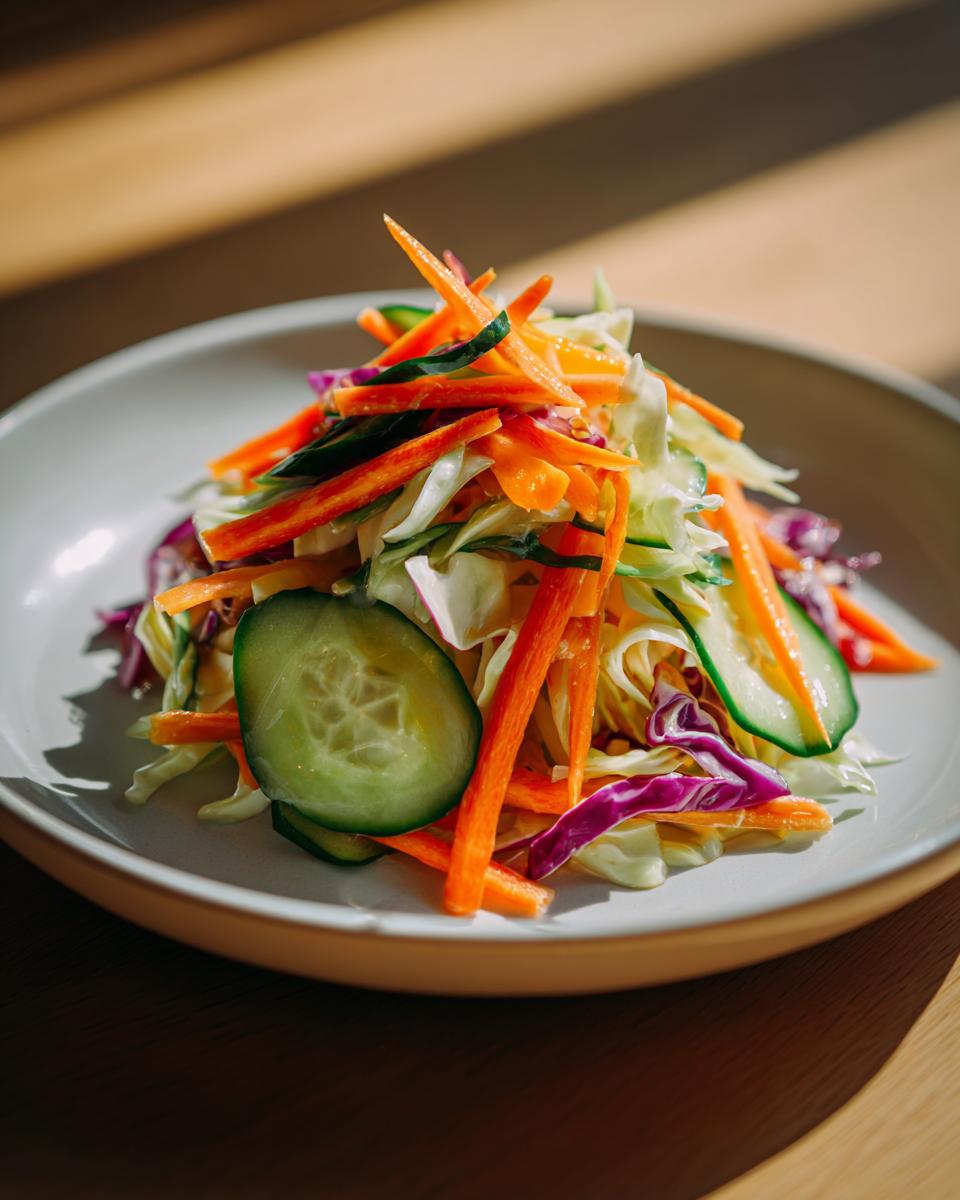 A fresh mound of colorful cabbage salad featuring shredded carrots, cucumber slices, and red cabbage.
