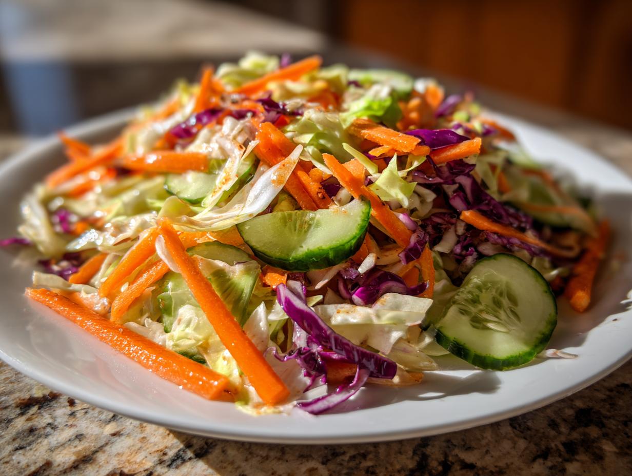 Close-up of a fresh cabbage salad featuring shredded green cabbage, purple cabbage, julienned carrots, and cucumber slices.