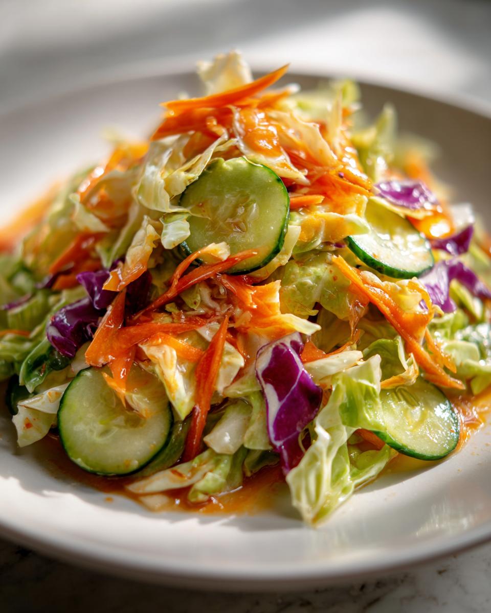 Close-up of a fresh cabbage salad featuring shredded carrots, cucumber slices, and purple cabbage.