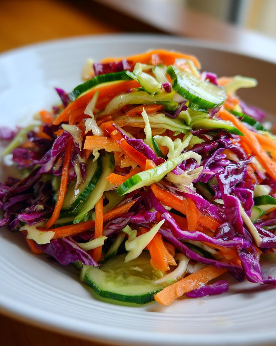 Close-up of a colorful cabbage salad featuring shredded red cabbage, carrots, and cucumber slices.