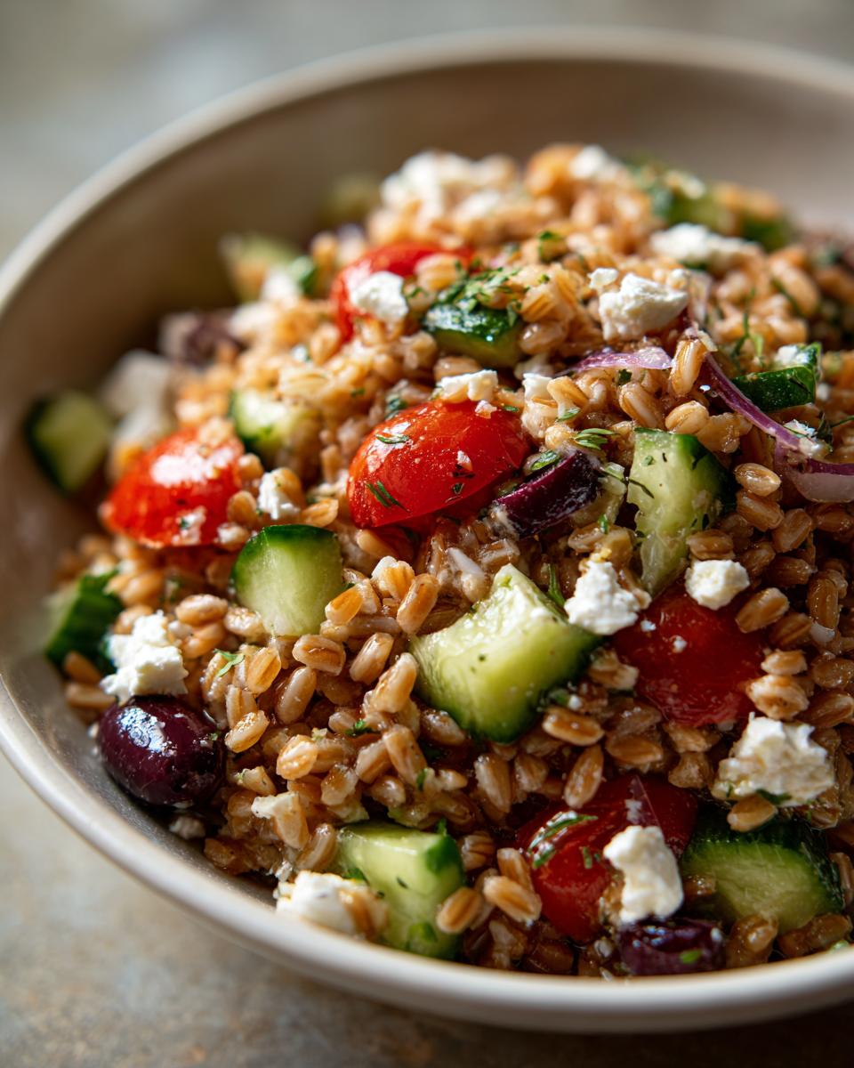 A close-up view of a vibrant farro salad mixed with chunks of cucumber, cherry tomatoes, Kalamata olives, and feta cheese.