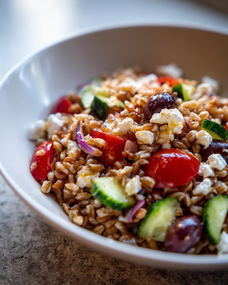Close-up of a vibrant farro salad featuring farro grains, cherry tomatoes, cucumber, feta cheese, and Kalamata olives.
