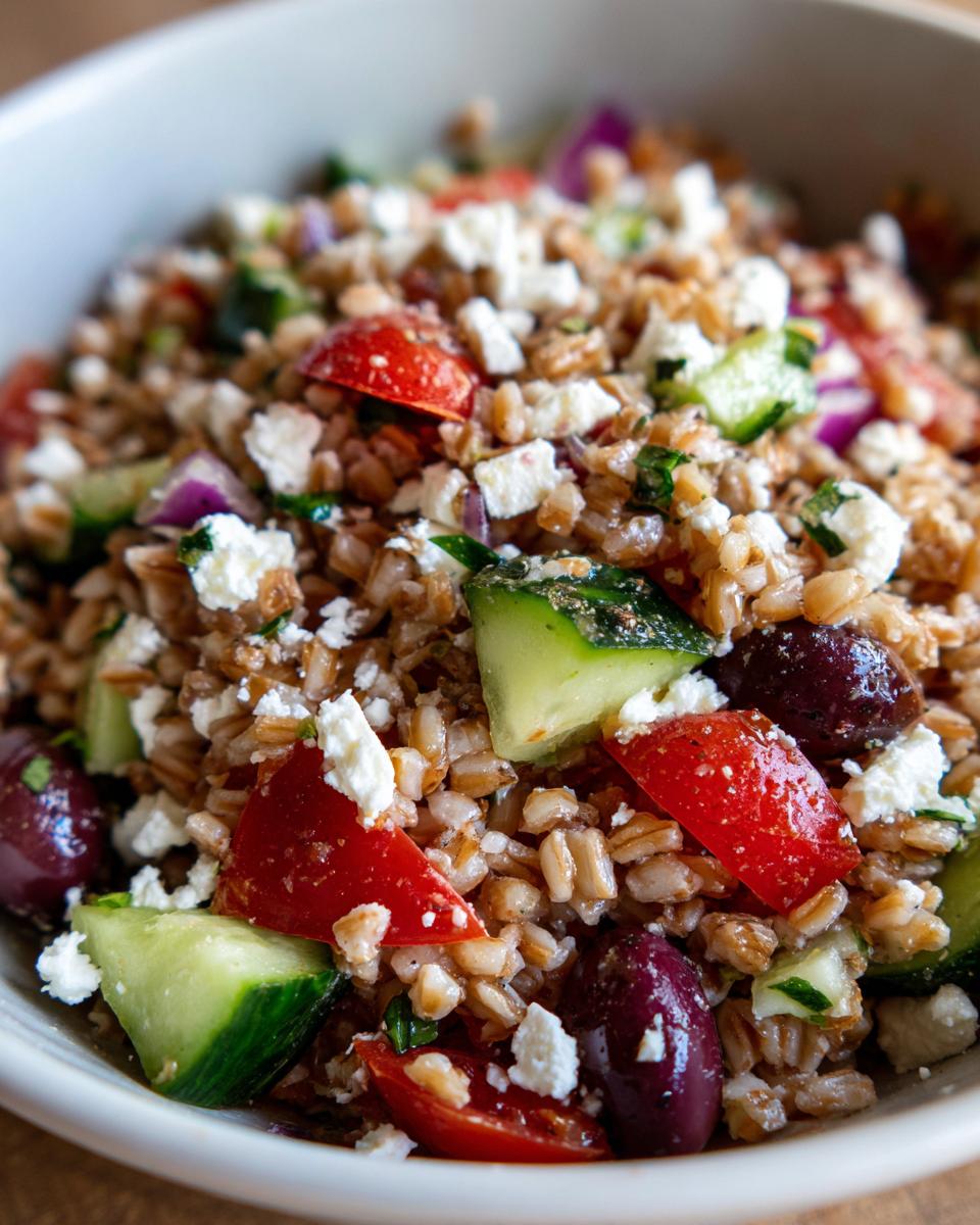 Close-up of a vibrant farro salad mixed with chunks of cucumber, red tomatoes, Kalamata olives, and crumbled feta cheese.