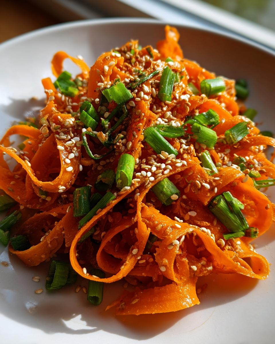 Close-up of a vibrant raw carrot salad made with shaved carrot ribbons, topped with sesame seeds and chopped green onions.