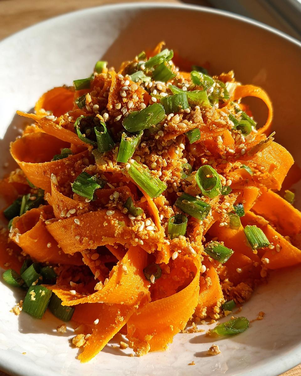 Close-up of a vibrant raw carrot salad featuring shaved carrot ribbons topped with green onions and sesame seeds.