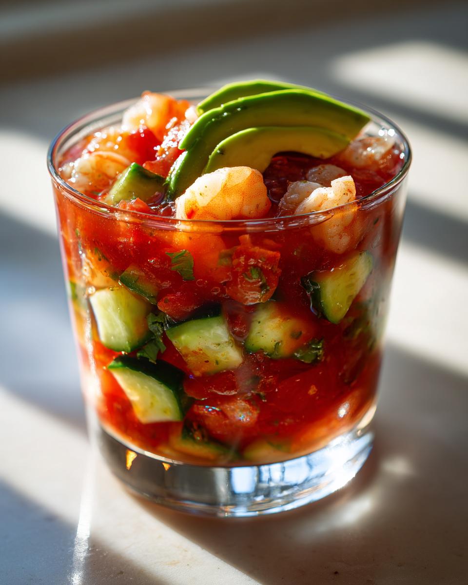 Close-up of a vibrant shrimp cocktail served in a glass, featuring shrimp, diced cucumber, and topped with sliced avocado.