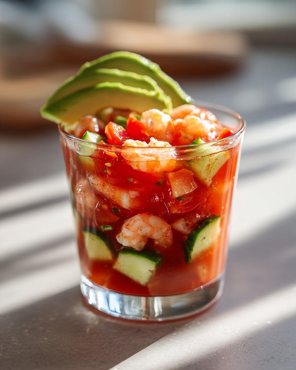 Close-up of a vibrant shrimp cocktail served in a glass with chunks of cucumber, tomatoes, and topped with sliced avocado.