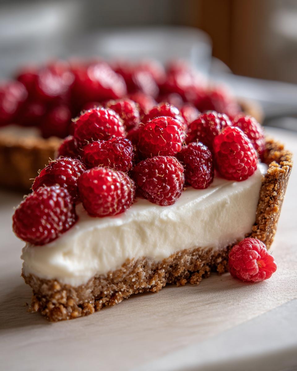 Close-up of a slice of white chocolate mousse tart with a thick graham cracker crust, topped generously with fresh raspberries.