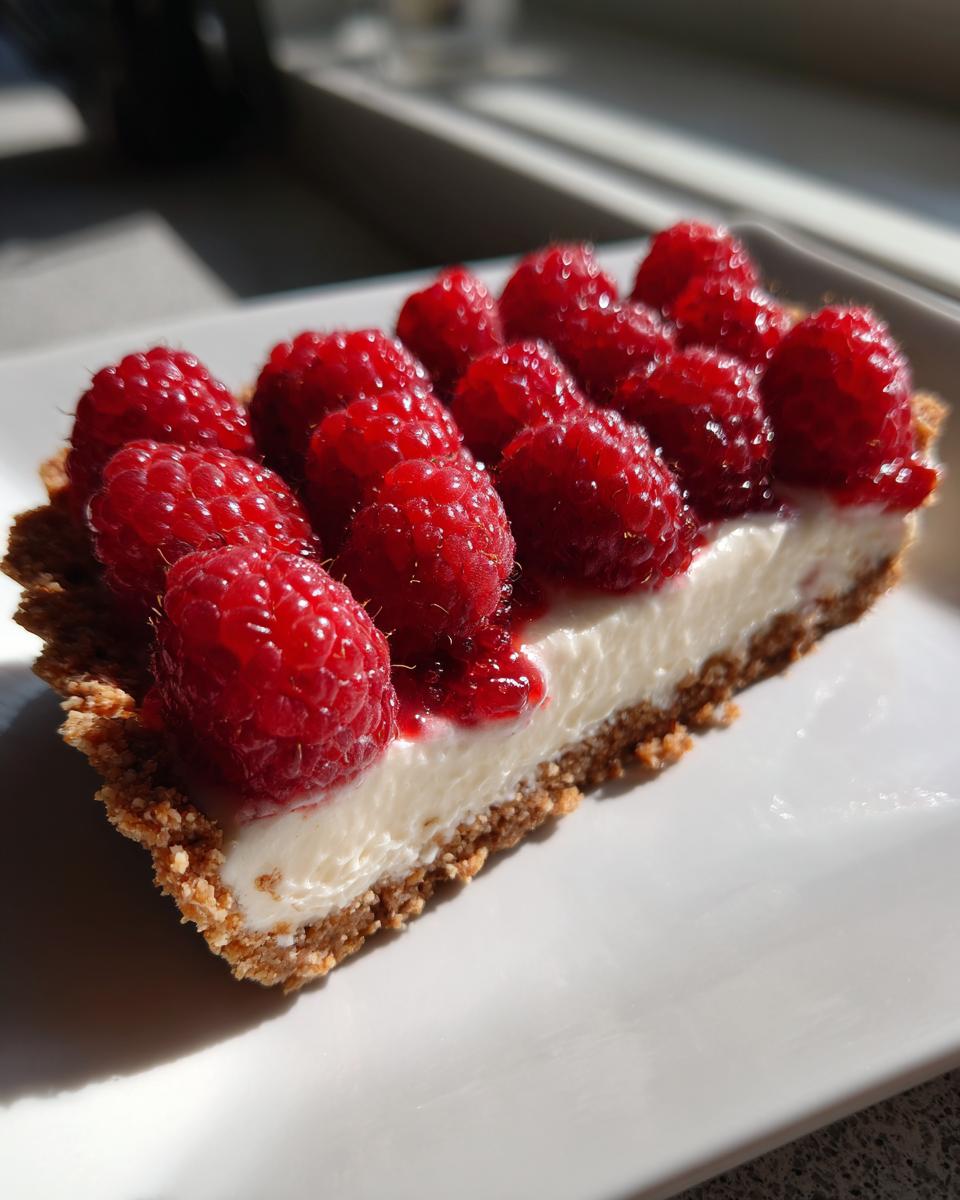 A close-up of a slice of white chocolate mousse tart with a graham cracker crust, topped generously with fresh raspberries.