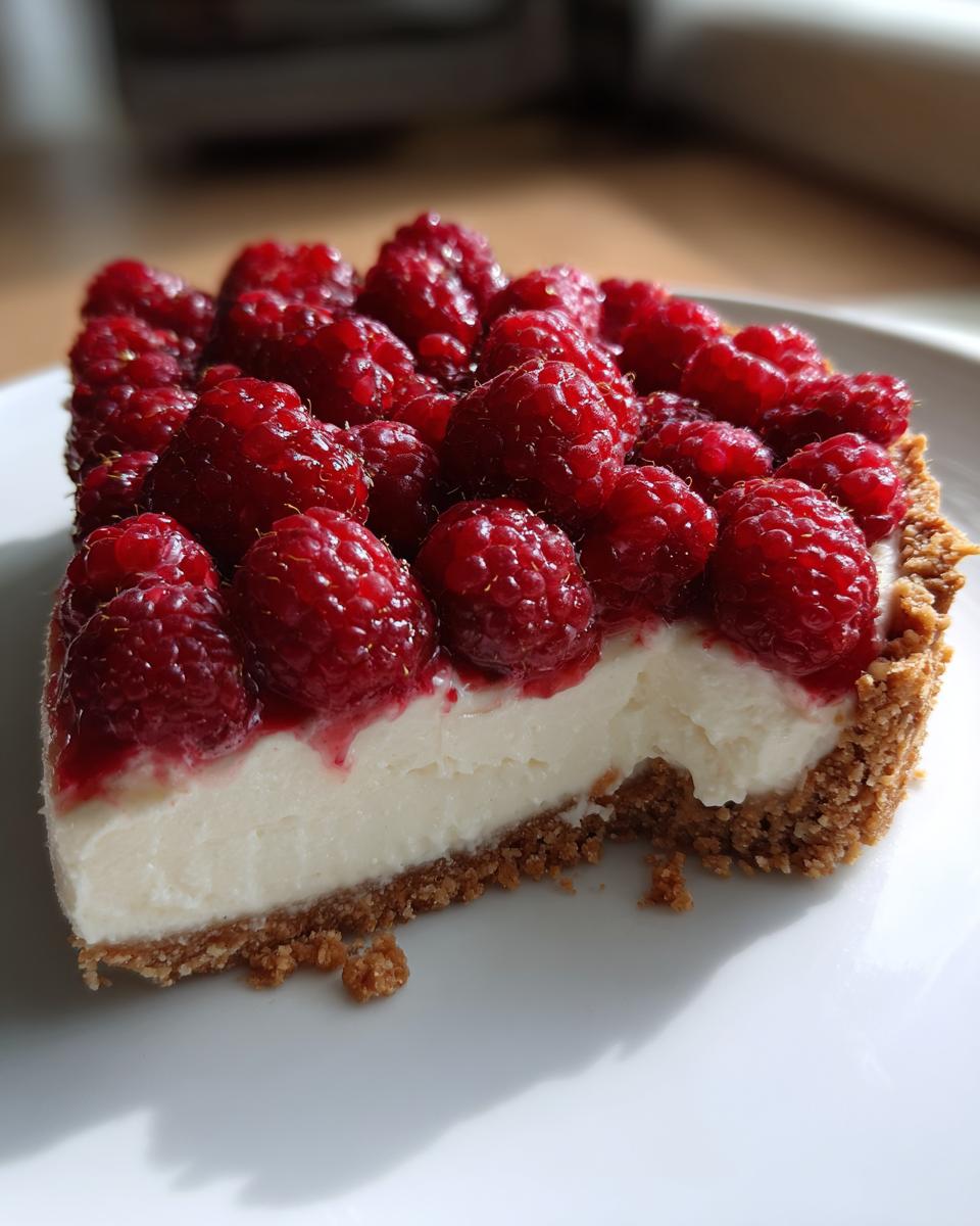 A close-up slice of white chocolate mousse tart with a graham cracker crust, topped generously with fresh raspberries.