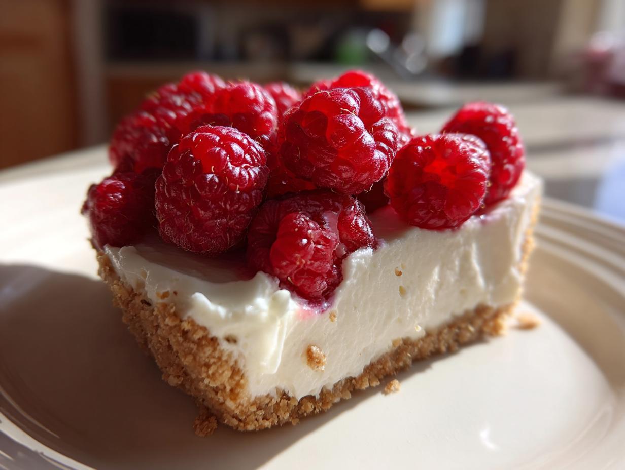 A close-up slice of white chocolate mousse tart featuring a thick graham cracker crust and topped generously with fresh, bright red raspberries.