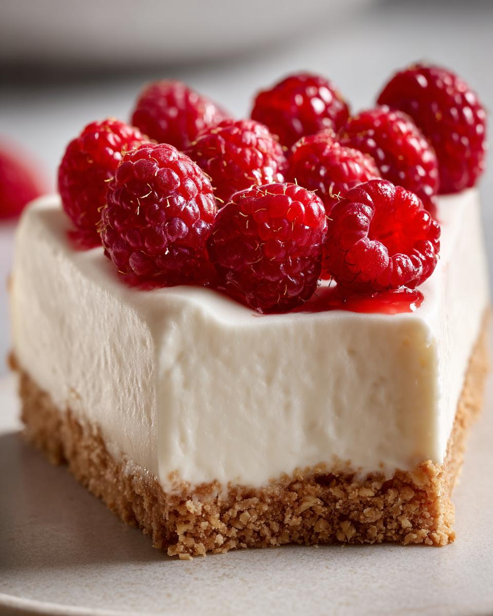 Close-up of a slice of white chocolate mousse tart featuring a thick, creamy filling and a graham cracker crust, topped with fresh raspberries.