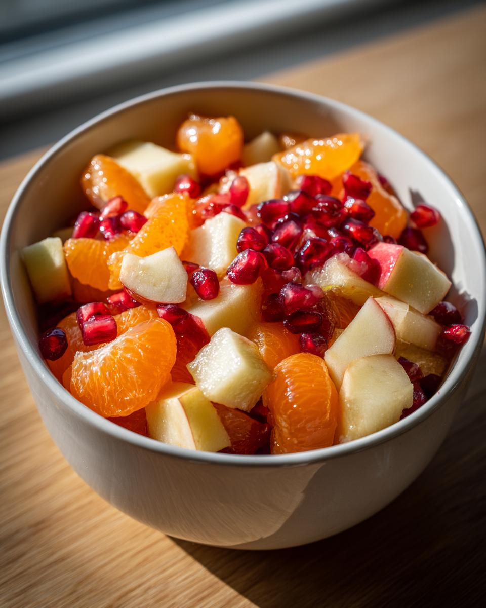 Close-up of a bowl filled with vibrant winter fruit salad featuring apple chunks, orange segments, and bright red pomegranate seeds.